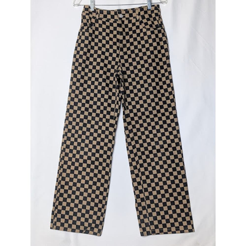 SHEIN- High waisted tan black checkered jeans Teen SMALL 4 Indie skater retro